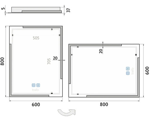 Technický nákres zrkadlovej skrinky s rozmermi