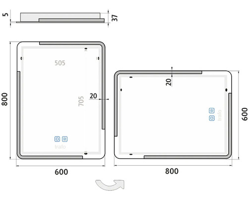 Technický nákres zrkadlovej skrinky s rozmermi