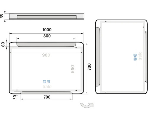Technický výkres zrkadla s rozmermi