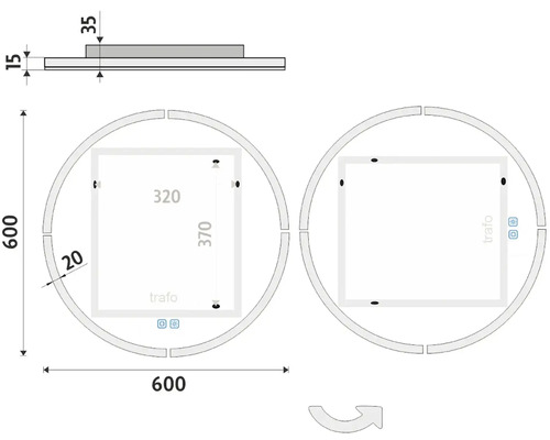 Technický nákres zrkadla s LED osvetlením a rozmermi