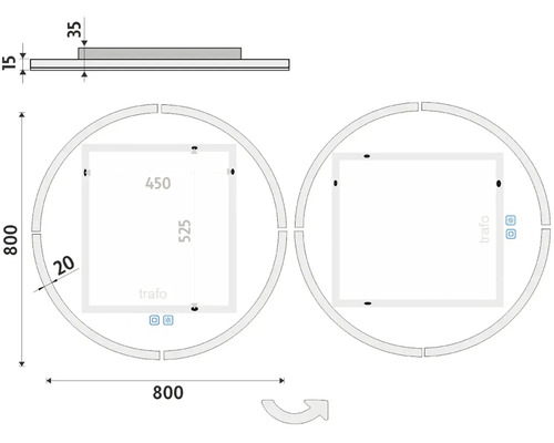 Technický nákres kruhovej zrkadlovej lampy s rozmermi