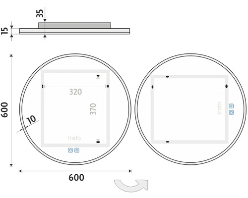 Technický výkres okrúhleho zrkadla s rozmermi 600 x 600 mm