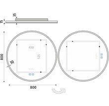 Technický nákres okrúhleho zrkadla s rozmermi 800 x 800 mm a hĺbkou 15 mm