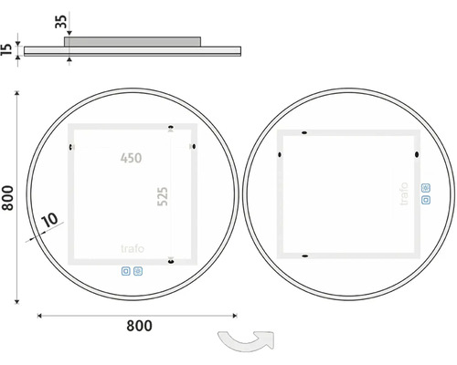 Technický nákres okrúhleho zrkadla s rozmermi 800 x 800 mm a hĺbkou 15 mm