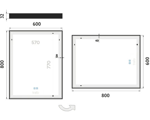 Technický nákres zrkadla s rozmermi