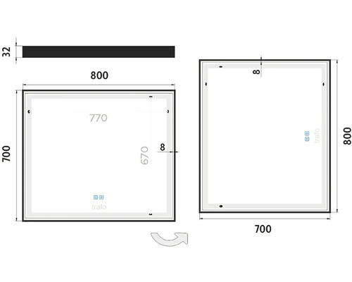 Technický nákres zrkadlovej skrinky s rozmermi