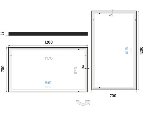 Rozmerový nákres zrkadla s osvetlením, rozmery v milimetroch