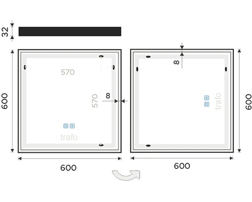 Technický nákres zrkadla s rozmermi