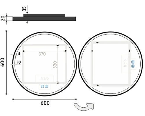 Technický nákres okrúhleho zrkadla s rozmermi