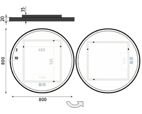 Technický nákres okrúhleho zrkadla s obdĺžnikovým LED osvetlením a rozmermi