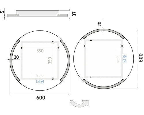 Technický nákres okrúhleho zrkadla s rozmermi 600 x 350 milimetrov.