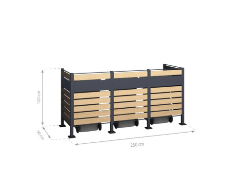 Trojitý box na smetné nádoby z kovu a dreva s rozmermi 120 x 250 x 90 cm