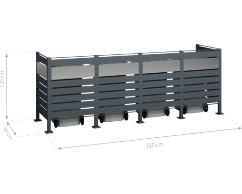 Box na smetné nádoby pre tri smetné nádoby, šírka 330 cm, výška 120 cm a hĺbka 90 cm