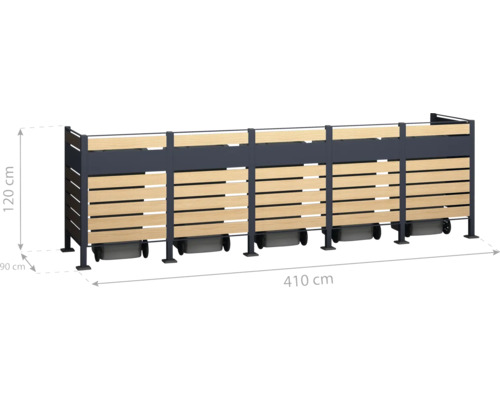 Box na odpadkové koše z kovu a dreva s rozmermi 410 x 120 x 90 centimetrov