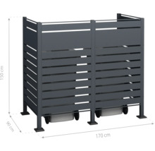 Box na smetné nádoby pre dve smetné nádoby, vyrobená z kovových lamiel, s rozmermi 170 krát 90 krát 150 centimetrov.