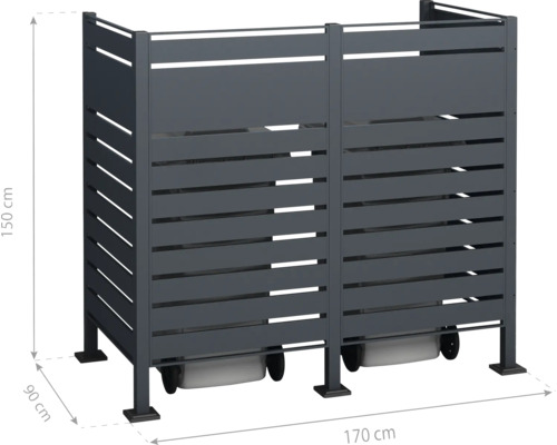 Box na smetné nádoby pre dve smetné nádoby, vyrobená z kovových lamiel, s rozmermi 170 krát 90 krát 150 centimetrov.