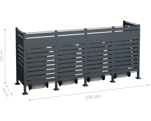 Kovový box na smetné koše s rozmermi 150 x 330 x 90 centimetrov