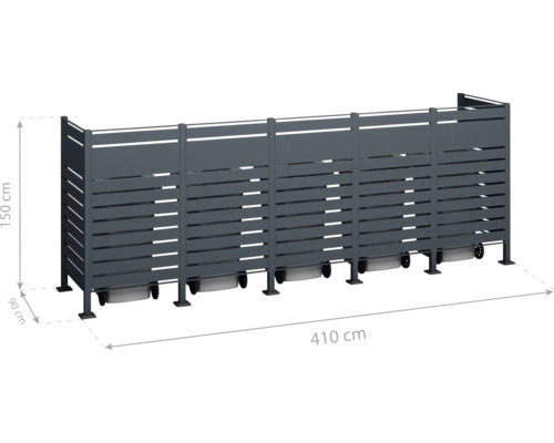 Hliníková zástena s rozmermi 150 cm výška, 90 cm hĺbka a 410 cm dĺžka.