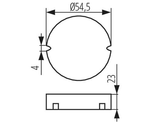 Technický nákres s rozmermi okrúhleho výrobku: priemer 54,5, výška 23