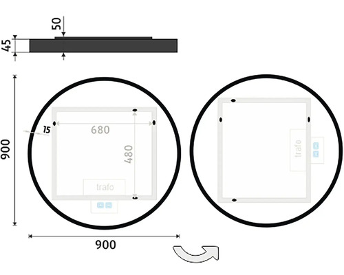 Technický nákres okrúhleho zrkadla s rozmermi 900 krát 900 milimetrov a hĺbkou 45 milimetrov