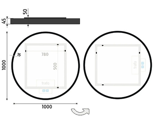 Technický nákres zrkadla s rozmermi 1000x1000 mm a obdĺžnikovej zrkadlovej plochy 780x500 mm