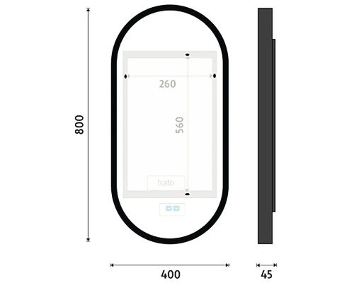 Technický nákres oválneho zrkadla s rozmermi