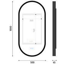 Technický nákres zrkadla s rozmermi 1000 x 500 x 45 mm a zrkadlovou plochou 760 x 360 mm.