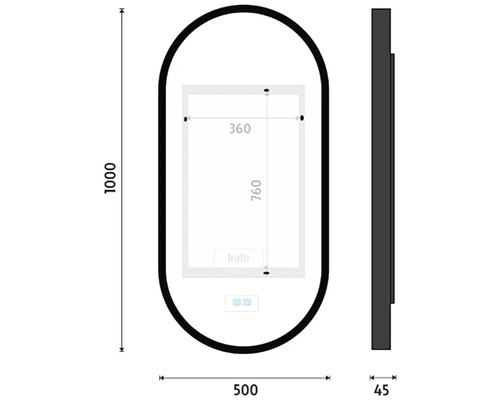 Technický nákres zrkadla s rozmermi 1000 x 500 x 45 mm a zrkadlovou plochou 760 x 360 mm.