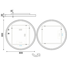 Technický nákres okrúhleho zrkadla s rozmermi 800 x 800 mm