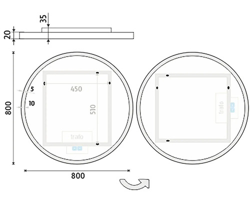 Technický nákres okrúhleho zrkadla s rozmermi 800 x 800 mm