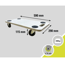 Nábytkové kolieska s rozmermi 590 mm dĺžka, 290 mm šírka a 115 mm výška, maximálna nosnosť 200 kg, priemer koliesok 75 mm.