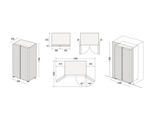 Technický nákres chladničky s rozmermi