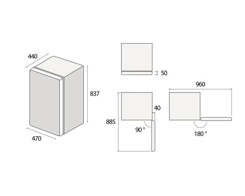 Rozmerový nákres chladničky s rozmermi 440 x 470 x 837 mm
