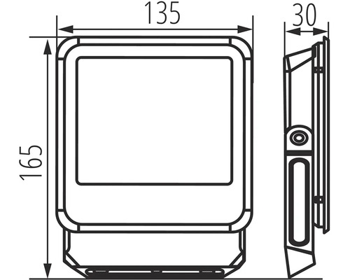 Technický výkres reflektora s rozmermi 135, 165 a 30 milimetrov.