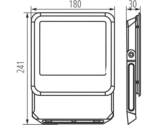 Technický nákres LED reflektora s rozmermi 180 x 241 x 30 milimetrov.