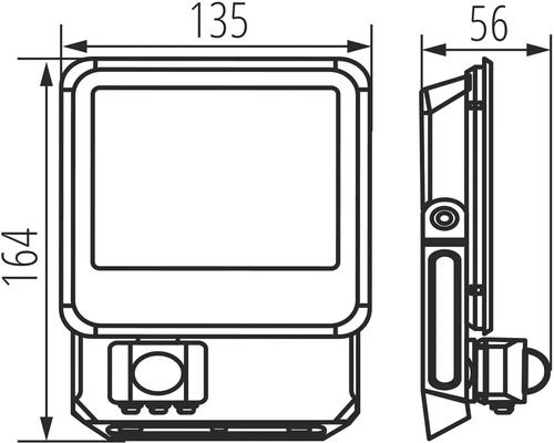 Technický nákres reflektora s rozmermi v milimetroch.