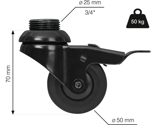 Nábytkové koliesko so závitom, priemer 50 milimetrov, nosnosť 50 kilogramov