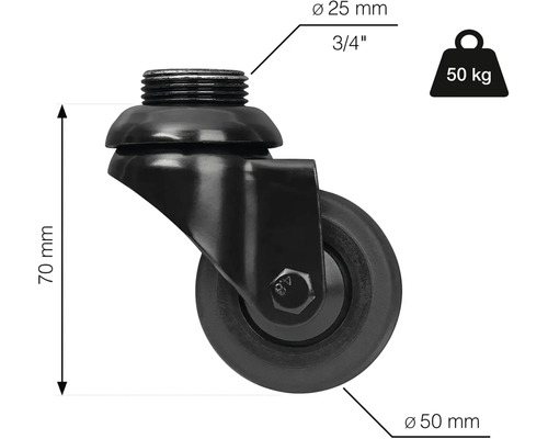 Otočné koliesko so závitom, priemer 50 mm, nosnosť 50 kg