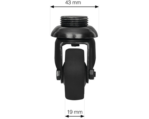 Nábytkové koliesko so závitom a rozmermi 43 mm a 19 mm