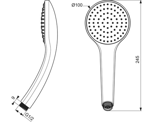 Technický nákres ručnej sprchy s rozmermi