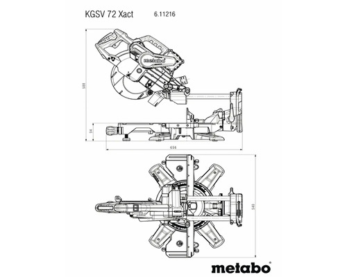 Technický nákres pokosovej píly Metabo KGSV 72 Xact s rozmermi