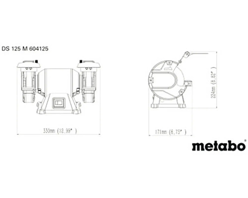 Rozmerový nákres dvojkotúčovej brúsky Metabo DS 125 M s rozmermi 330 milimetrov šírky, 224 milimetrov výšky a 171 milimetrov hĺbky.