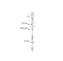 Technický nákres upevňovacieho systému s rozmermi 15 mm, 35,5 mm a 8 mm.