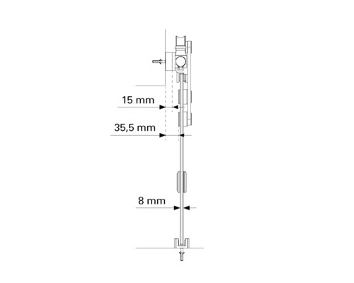 Technický nákres upevňovacieho systému s rozmermi 15 mm, 35,5 mm a 8 mm.