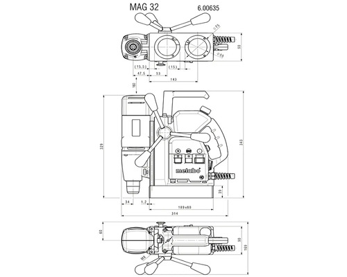 Technický nákres magnetickej vŕtačky Metabo MAG 32 s rozmermi
