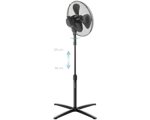 Otočný ventilátor s nastaviteľnou výškou od 95 cm do 125 cm.