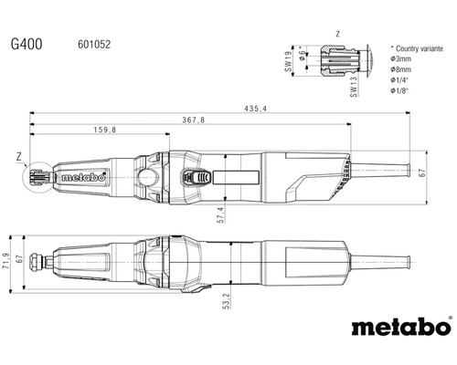 Technický výkres priamej brúsky Metabo G400 s rozmermi