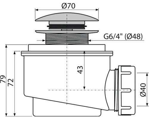 Technický nákres výpustného ventilu s rozmermi priemer 70, G 6/4 palca, priemer 48, výška 79, výška 72, výška 43 a priemer 40.