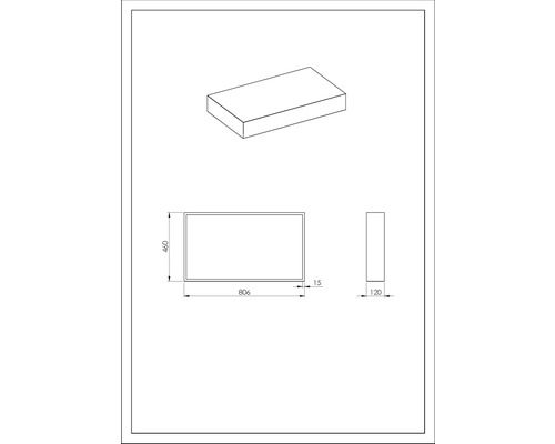Technický nákres obdĺžnikovej krabice s rozmermi 806 mm šírka, 460 mm výška a 120 mm hĺbka.