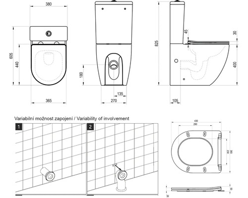 Technický nákres toalety s rozmermi.
